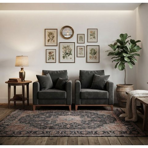 Kit 2 Poltronas Beny Decorativa com 2 Almofadas Veludo Cinza Base em Madeira Maciça