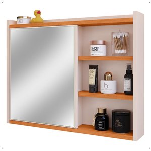 Espelheira Armário Banheiro 60 Cm Espelho Porta Prateleira Organizadora Lavabo Luxo - Off White/