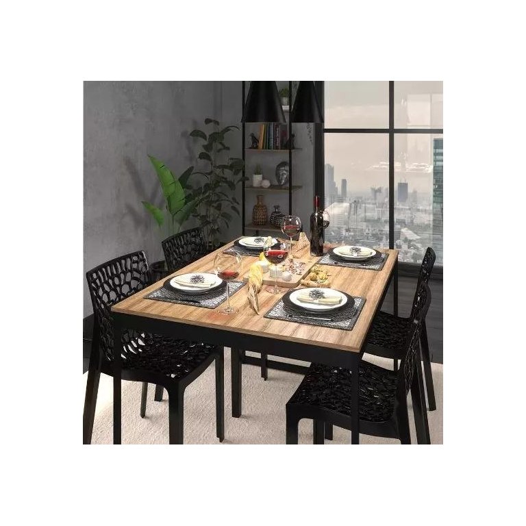 Mesa de Jantar Industrial 4 Lugares 120x90 Tolix Magno L/p + 4 Cadeiras Gruvyer Preto Fosco Design M