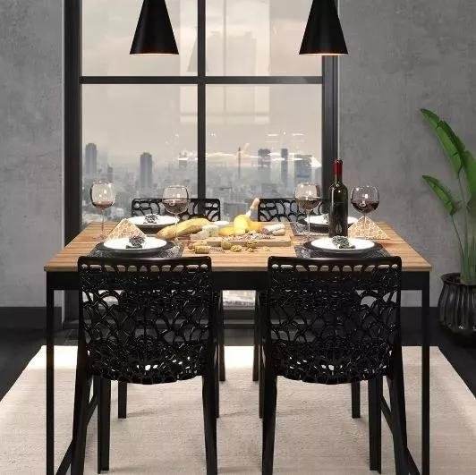 Mesa de Jantar Industrial 4 Lugares 120x90 Tolix Magno L/p + 4 Cadeiras Gruvyer Preto Fosco Design M - 3