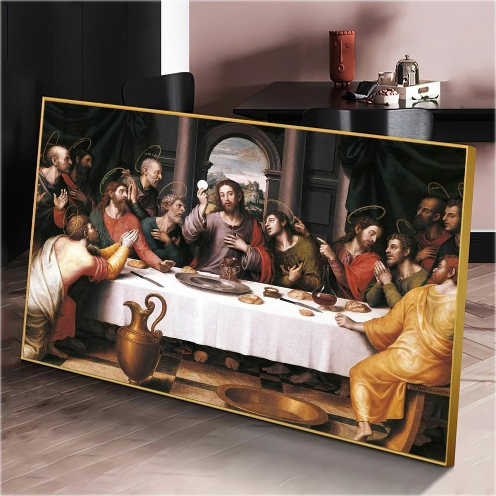 Quadro Decorativo Santa Ceia Jesus e Seus Discípulos:120x80 Cm/dourada - 6