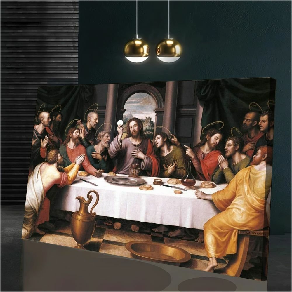 Quadro Decorativo Santa Ceia Jesus e Seus Discípulos:120x80 Cm/dourada