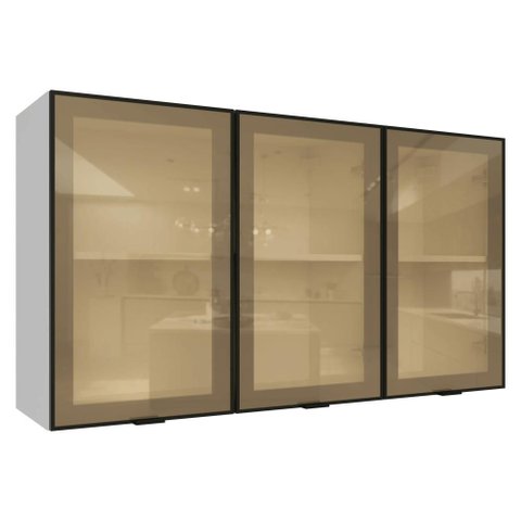 Kit 2 Armários Aéreos de Cozinha 3 Portas 120 cm Branco/Preto Vidro Reflecta Bronze Vinil Madesa