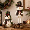 Ver imagem 1 de Conjunto Boneco de Neve Decorativo Natalino Retrátil Pelúcia 90cm e Sentado 37cm Cartola Xadrez - Ma