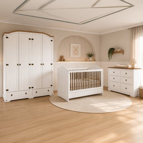 Conjunto Quarto de Bebê 3 Peças com Berço Cômoda e Guarda-Roupa MDF Bege Retrô Smile