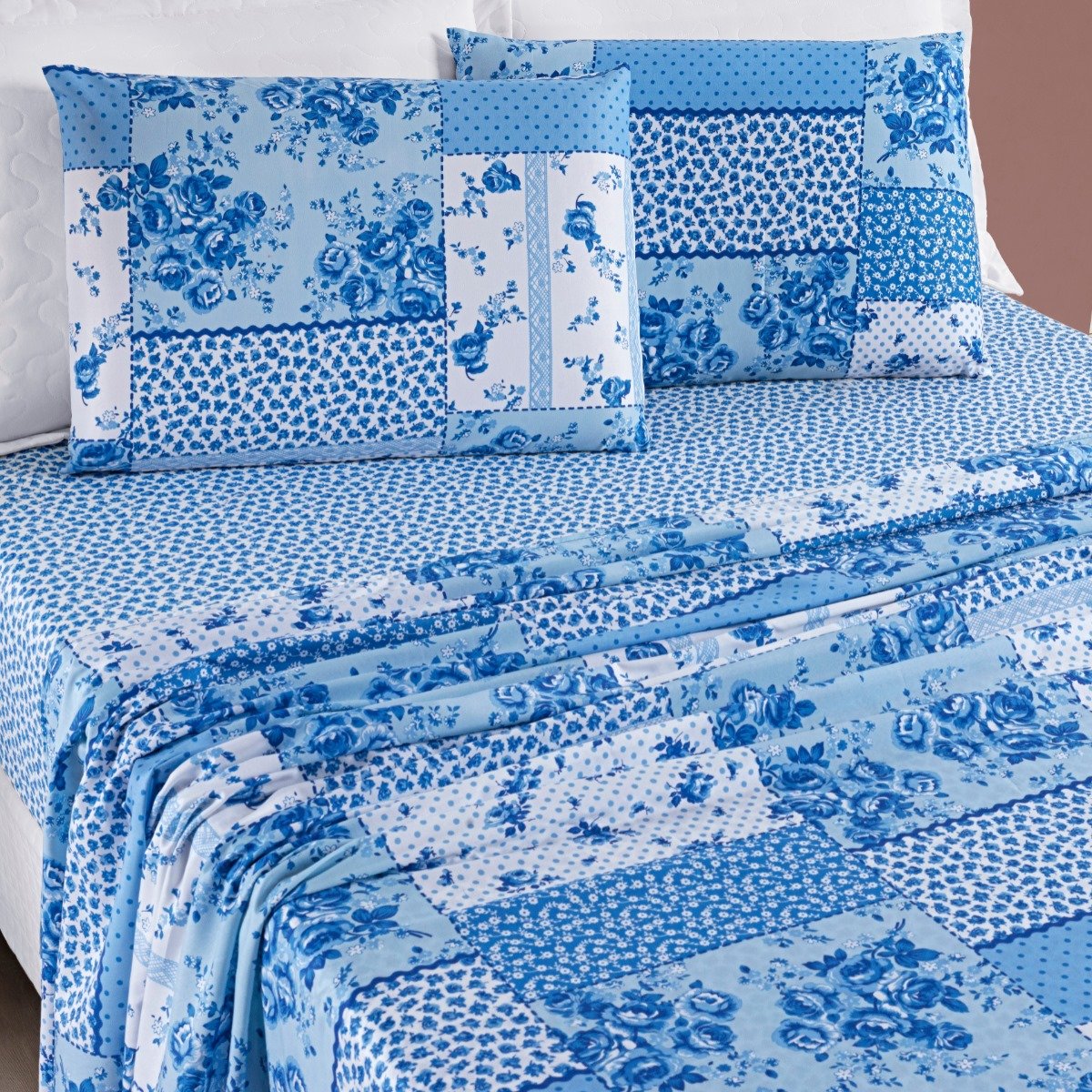 Jogo de Cama Casal King Size Florença 200 Fios Estampado 04 Peças Super Elegante:azul