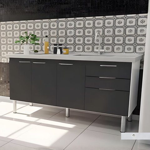 Gabinete Cozinha Armário 3 Gavetas 2 Portas Multiuso 144cm: Grafite