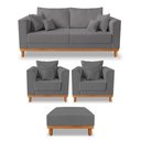 Ver imagem 1 de Kit Sofá 3 Lugares e 2 Poltronas Beny + Puff Isa com Base de Madeira Linho Grafite