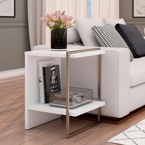 Mesa Lateral 45cm para Sala de Estar C/ 1 Prateleira 100%mdf Cor:branco Fosco