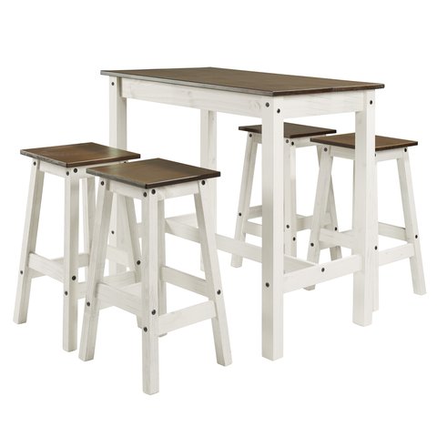 Mesa Alta e 4 Banquetas de Madeira Maciça Branco Envelhecido