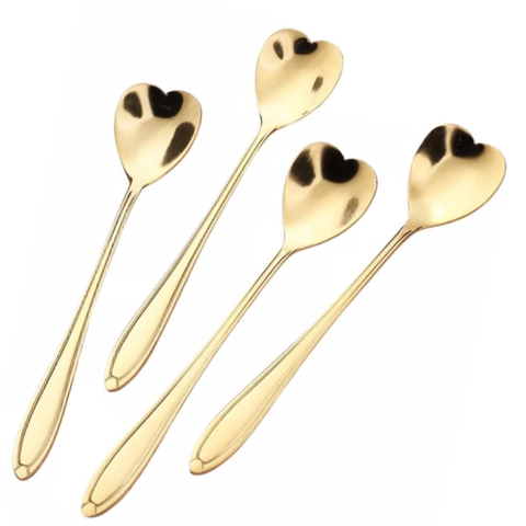 4 Peças Colher Café Chá Sobremesa Coração Aço Inox Dourada
