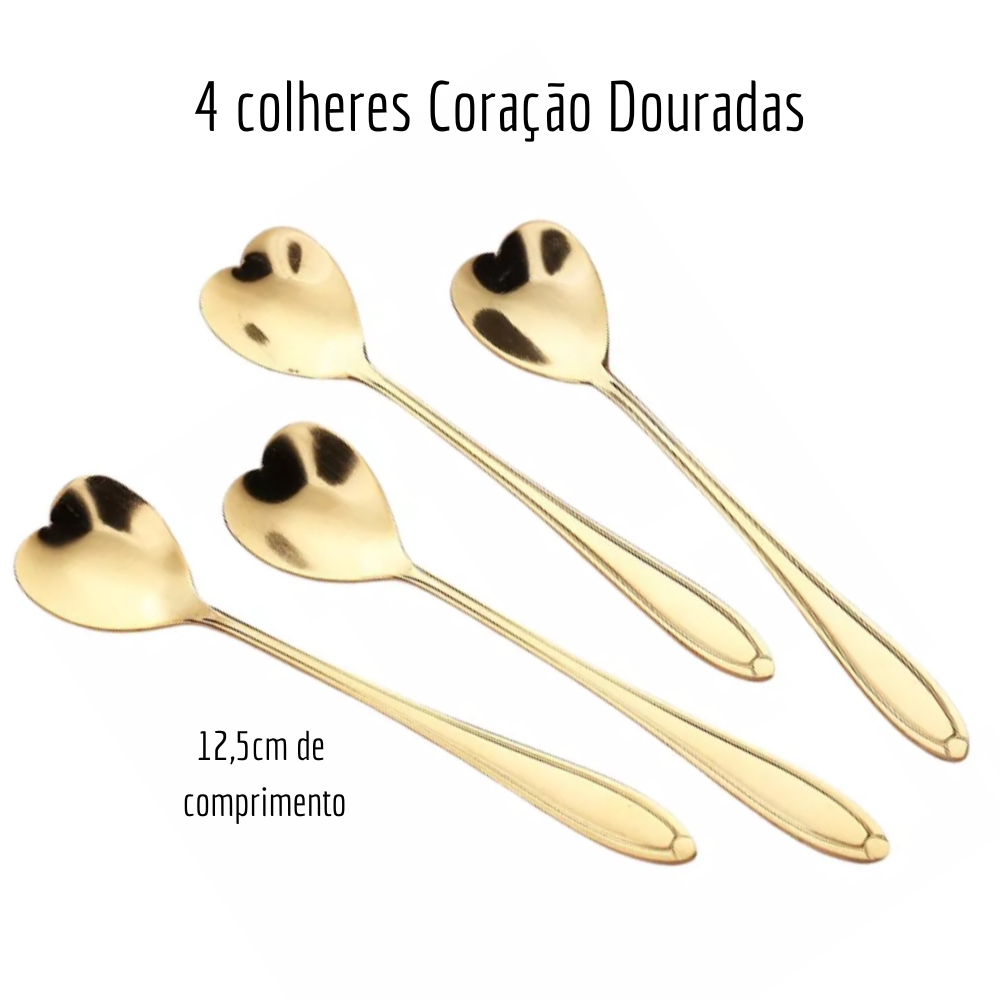 4 Peças Colher Café Chá Sobremesa Coração Aço Inox Dourada - 2