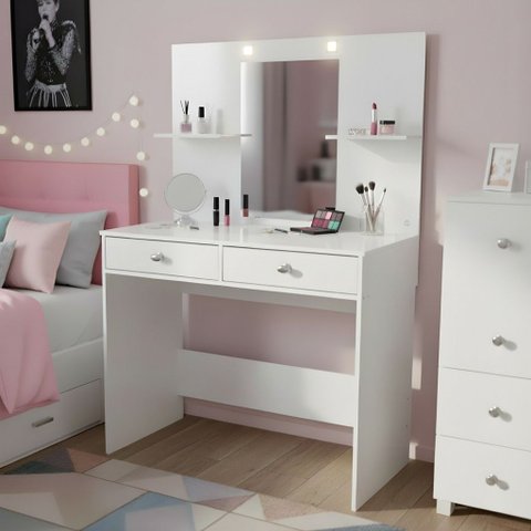 Penteadeira Camarim Glamour 90cm MDF Espelho 2 Leds 2 Gavetas Telescópicas 2 Prateleiras - Branco