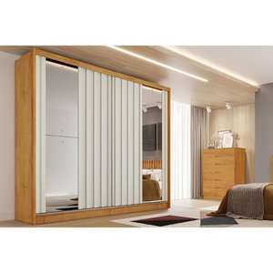 Guarda Roupa Casal 2 Portas de Correr Ripadas C/ Espelhos e 4 Gavetas Galati Peroba/off White -