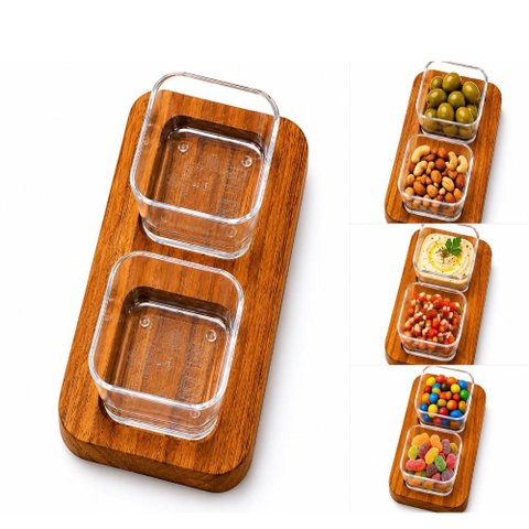 Petisqueira Madeira Teca com 2 Molheiras Kit Tabua Completa Ramekim Rustica Bandeja Porta Molhos PET