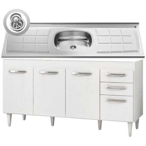 Balcão Gabinete Áustria com Pia Inox 160cm 4 Portas Branco - Lumil Móveis
