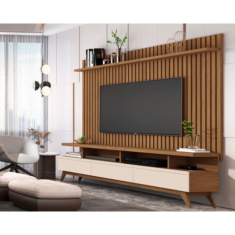 Painel Ripado Classic Sala Estar com Rack Vivare Wood - 2 Cores:freijó/offwhite