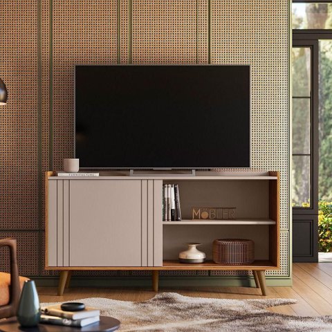 Rack Bancada para TV Austin 60 Polegadas MDP MDF 1 Porta Grigio Fosco Canela Möbler