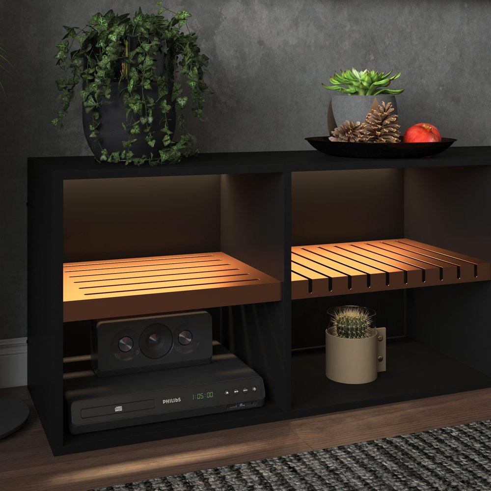 Rack Estilo Escandinavo Sala Industrial Preto Com Cobre Com Led Incluso - 2