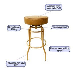 Banqueta Alta Bar Giratória Cor Dourado Fosco Assento Cor Caramelo Confortável Kit 3 Peças Poltronas - 3