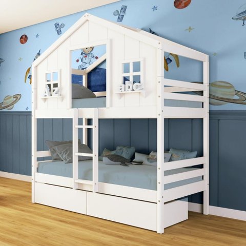 Beliche Casinha Dos Sonhos com 02 Gavetas Madeira Maciça Branco Megamobilia