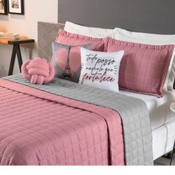 Kit Cobre Leito Colcha Cama Queen 8 peças Dupla Face Paris:Rose/Cinza - 1