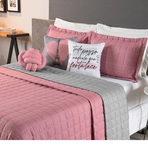 Kit Cobre Leito Colcha Cama Queen 8 peças Dupla Face Paris:Rose/Cinza