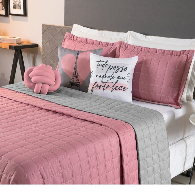 Kit Cobre Leito Colcha Cama Queen 8 peças Dupla Face Paris:Rose/Cinza