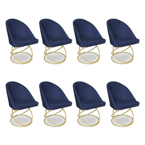 Kit 08 Cadeiras Poltrona de Jantar Bela Suede Azul Marinho Base Metálica Luxo Dourado - Pallazio