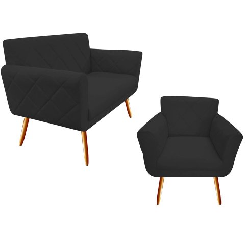 Kit Namoradeira + 1 Poltrona Decorativa Sabrina Couro Preto Pés Madeira Mz Decor