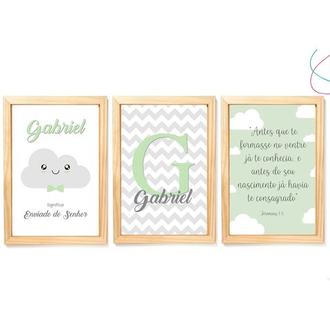 Kit com 3 Quadros Decorativos Infantil Nuvem Verde C/moldura: Pinus