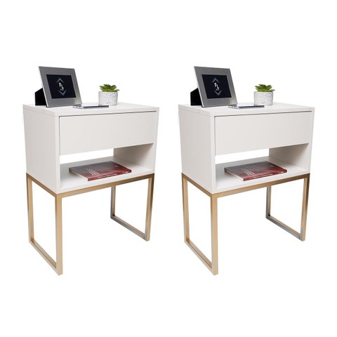 Kit 2 Mesas Cabeceira Industrial 40cm Off White Gaveta Superior Eco Base Metal Dourado Lateral Cama