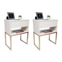 Ver imagem 1 de Kit 2 Mesas Cabeceira Industrial 40cm Off White Gaveta Superior Eco Base Metal Dourado Lateral Cama