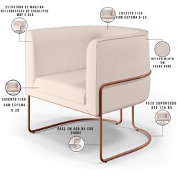 Kit 02 Poltronas Decorativas Fixa Base de Aço Cobre Betina D02 Veludo Bege B-309 - Lyam Decor - 4