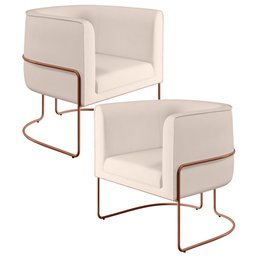 Kit 02 Poltronas Decorativas Fixa Base de Aço Cobre Betina D02 Veludo Bege B-309 - Lyam Decor - 1