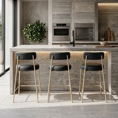 Banqueta Cozinha Média com Encosto Industrial Champanhe Kit 3 Londres PU D03 - D'Rossi