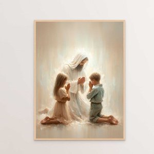 Quadro Decorativo Jesus Cristo e As Crianças Menino e Menina Rezando Orando Ensinando Infantil