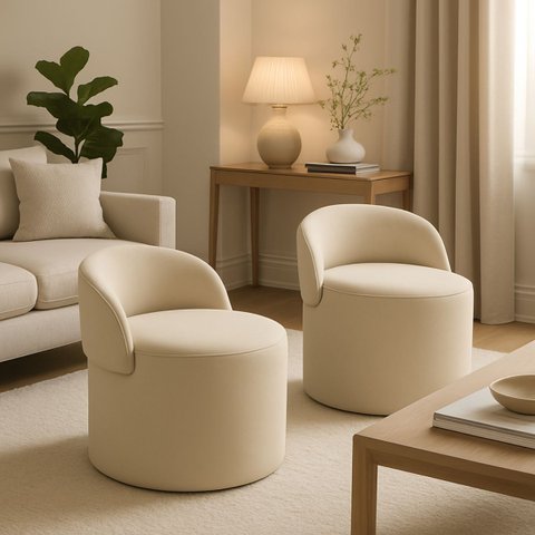 Kit 2 Puff Linho Redondo Encosto Orgânico Quarto Sala Closet:bege