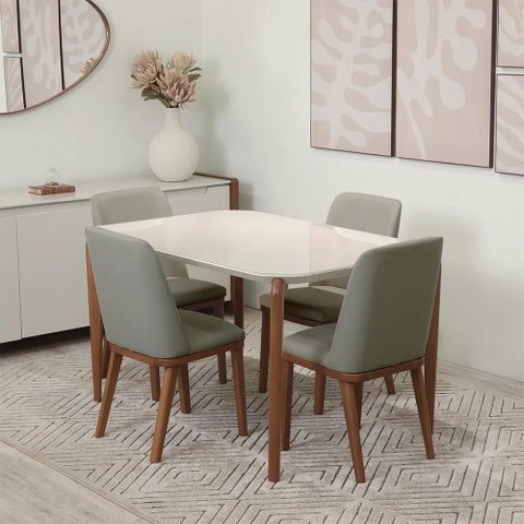 Conjunto de Jantar Mesa Retangular com Vidro Donatella 4 Cadeiras Kalina - Natural C/ Carbono