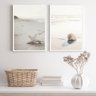 Kit 2 Quadros Praia Branco e Bege- Concha e Estrela 24x18cm - com Vidro:madeira Preta - 1
