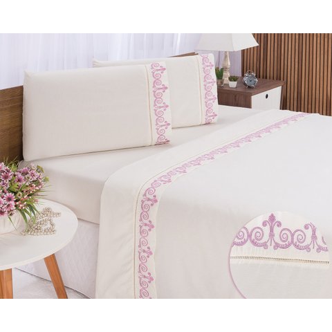 Jogo lençol Atenas quarto casal Queen bordado 4 peças 2fronha:Palha com Rose