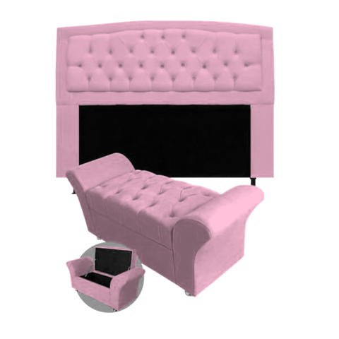 Kit Cabeceira Geovana + Calçadeira Veneza Casal 140cm Suede - Renascer Decor:rosê