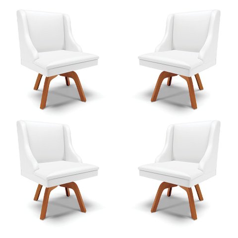 Kit 4 Cadeiras Decorativas Sala de Jantar Base Giratória de Madeira Firenze PU Branco Fosco/Natural 