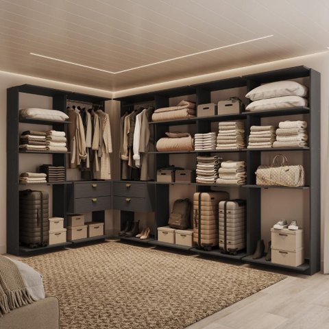 Guarda-Roupas Closet Modulado Alasca One 360cm 6 Peças com 4 Gavetas e Cabideiros Preto Touch