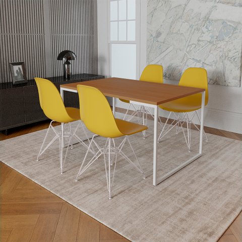 Mesa Industrial Base Ferro Branco 137x90 Tampo Canela 4 Cadeiras Eiffel Ferro Branco Assento Amarelo