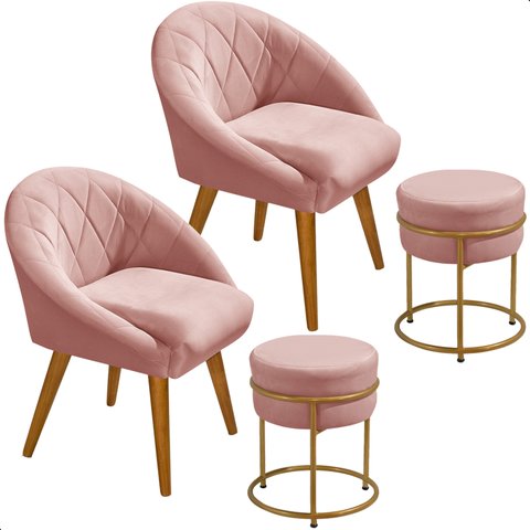 Kit 2 Poltrona Louis com 2 Puff Argola Levi Veludo Rosa Pés Palito