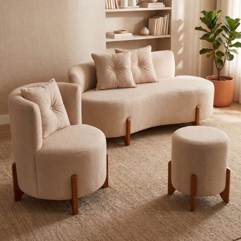 Kit Decorativo Sofá Curvo Orgânico + 01 Puff e Poltrona Luna Boucle Bege - Montanaris Decor