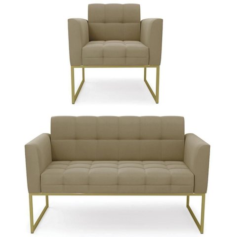 Sofá Namoradeira e 1 Poltrona Base Industrial Dourado Ana Suede Marrom Rt - Ibiza