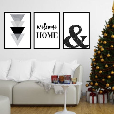 Kit 3 Quadros Welcome Home - Triângulos 24x18cm - com vidro:Madeira preta