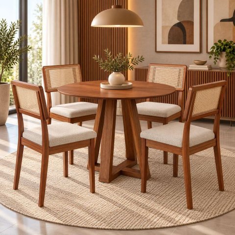 Conjunto de Jantar Redondo TM93-CA35PN30 4 Lugares Tampo MDF Cadeiras Estofadas Bege Dalla Costa